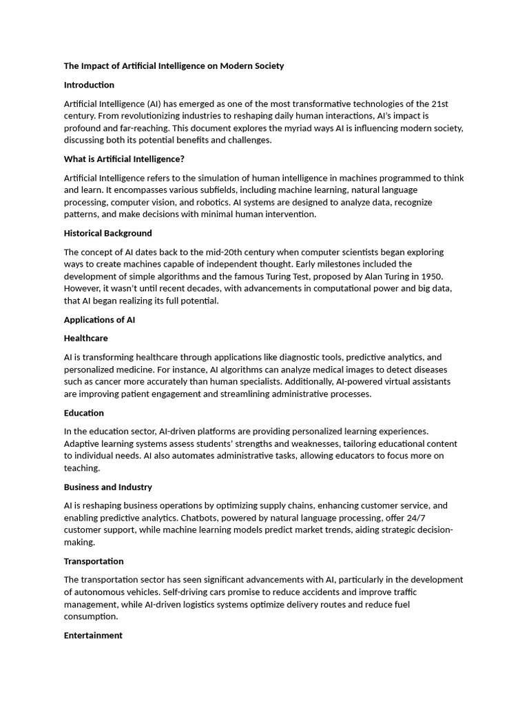 The Impact of Artificial Intelligence On Modern Society | PDF ...