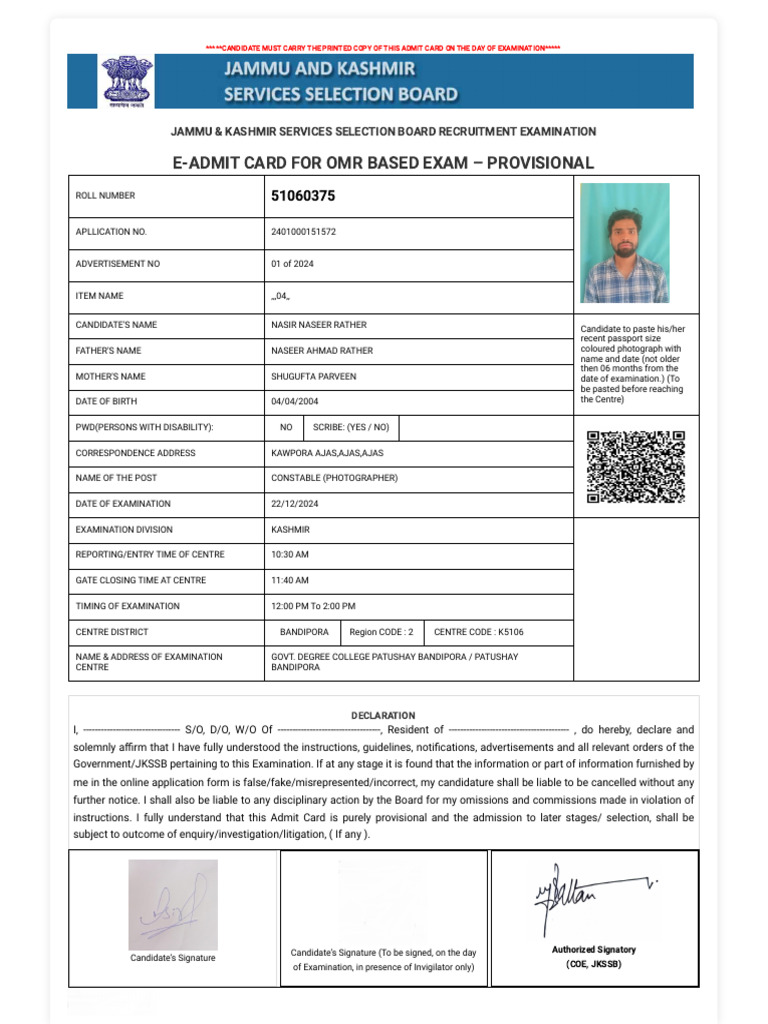JKSSB Constable Exam Admit Card 2024 | PDF | Justice | Crime & Violence