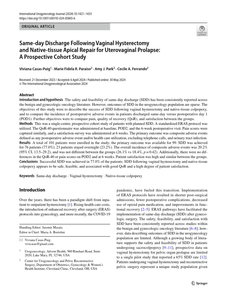 Same-Day Discharge After Vaginal Hysterectomy | PDF | Surgery | Medical ...