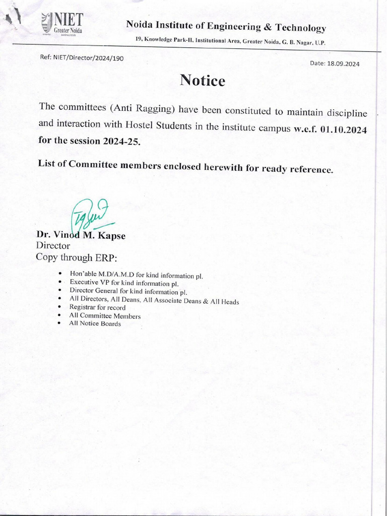 Notice - 190 - Anti Ragging - 2024-25 | PDF