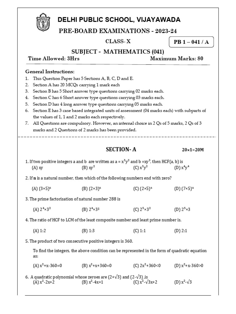 Class X Mathematics Pre-Board Exam 2023-24 | PDF | Triangle | Circle