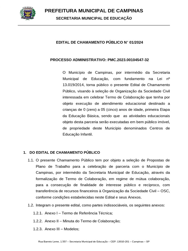 Chamamento Público Educação Infantil Campinas | PDF | Pré-escola ...