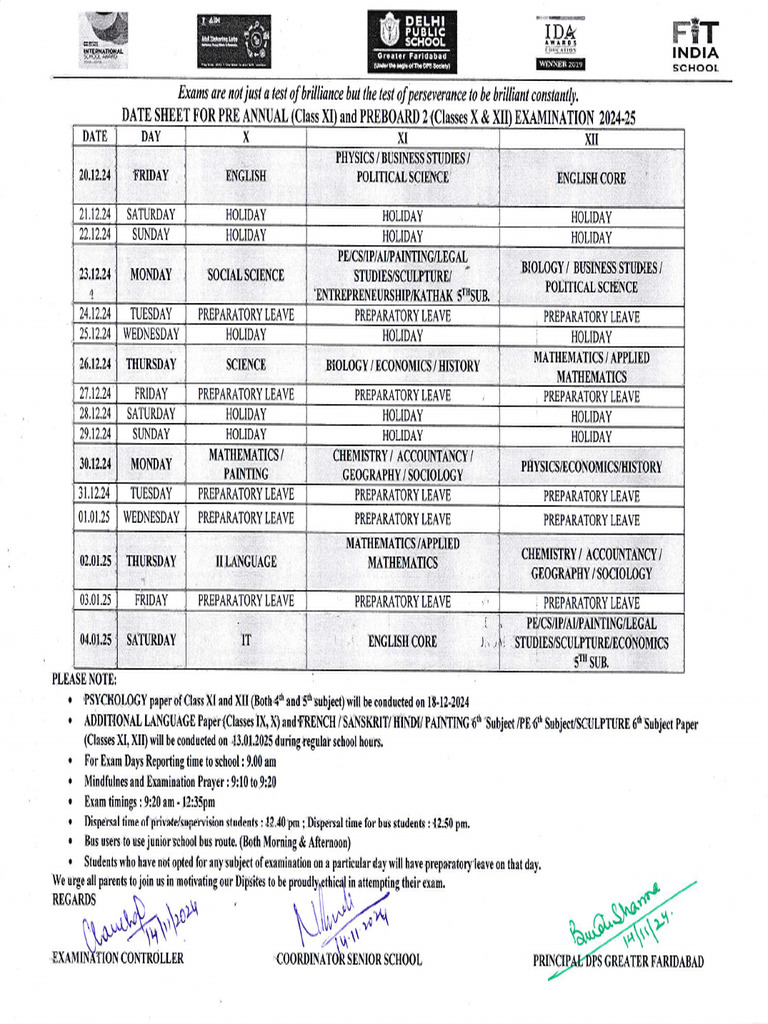 Date sheet for pre annual examination class xi pre board 2