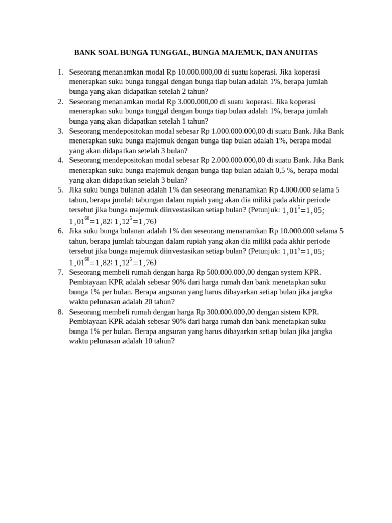 Bank Soal Bunga Tunggal Majemuk Dan Anuitas Pdf