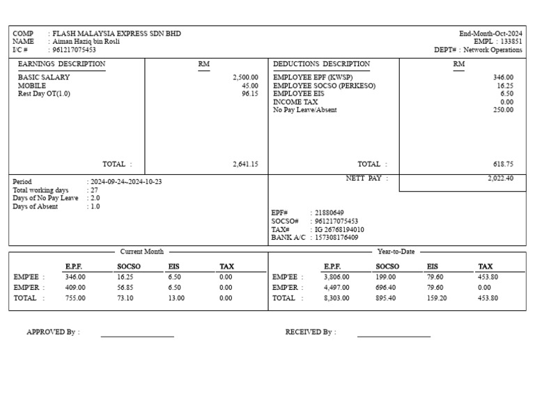PaySlip 133851 2024-10 End-Month 20241030095317 PDF | PDF