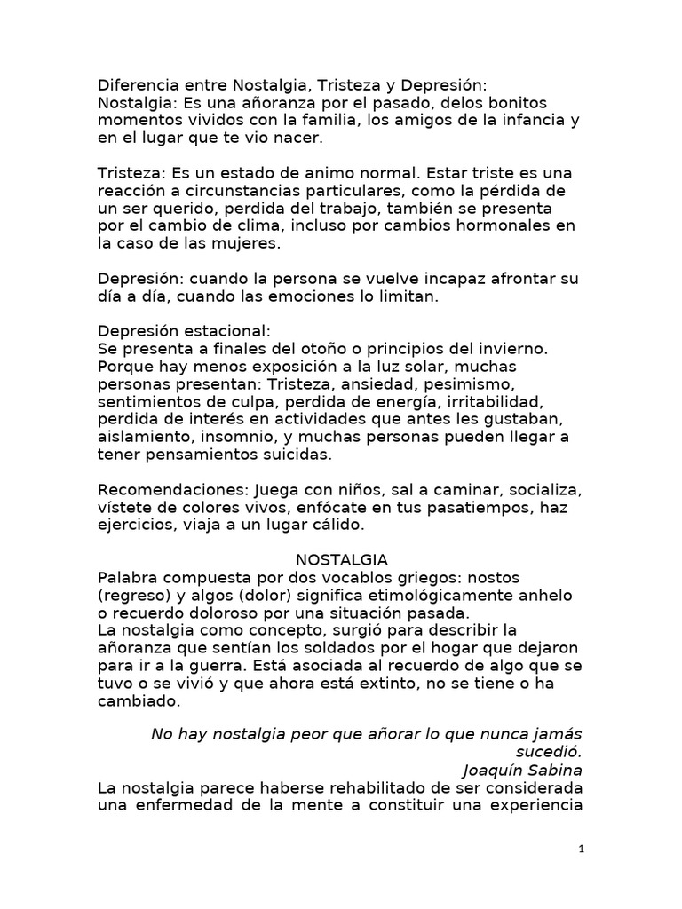 Diferencias entre Nostalgia y Tristeza | PDF | Nostalgia | Las emociones