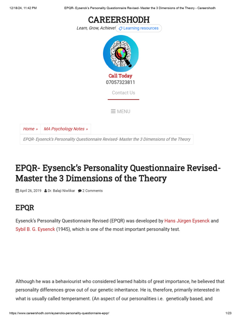 Eysenck's Personality Questionnaire Overview | PDF | Extraversion And ...