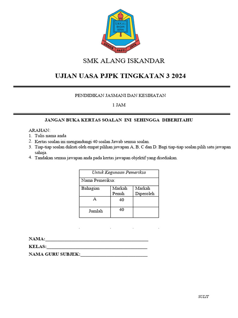 Ujian PJPK Tingkatan 3 SMK Alang Iskandar | PDF
