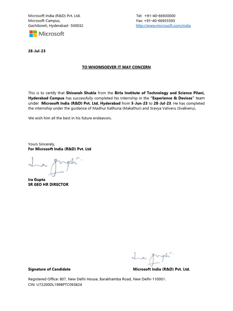 Microsoft Internship Completion Certificate | PDF