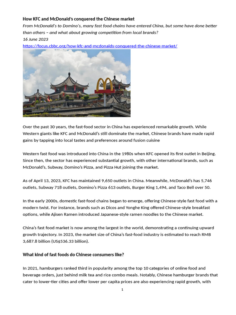 KFC and McDonald's Success in China | PDF | Fast Food | Chinese Cuisine