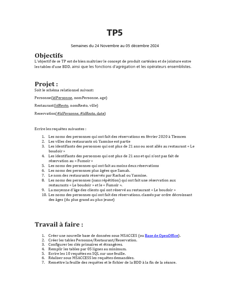 TP5 : Requêtes SQL et BDD Access | PDF