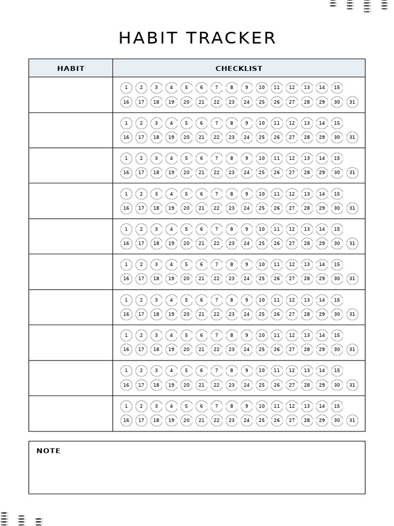 Minimalist White Habit Tracker Circle Checklist Planner | PDF