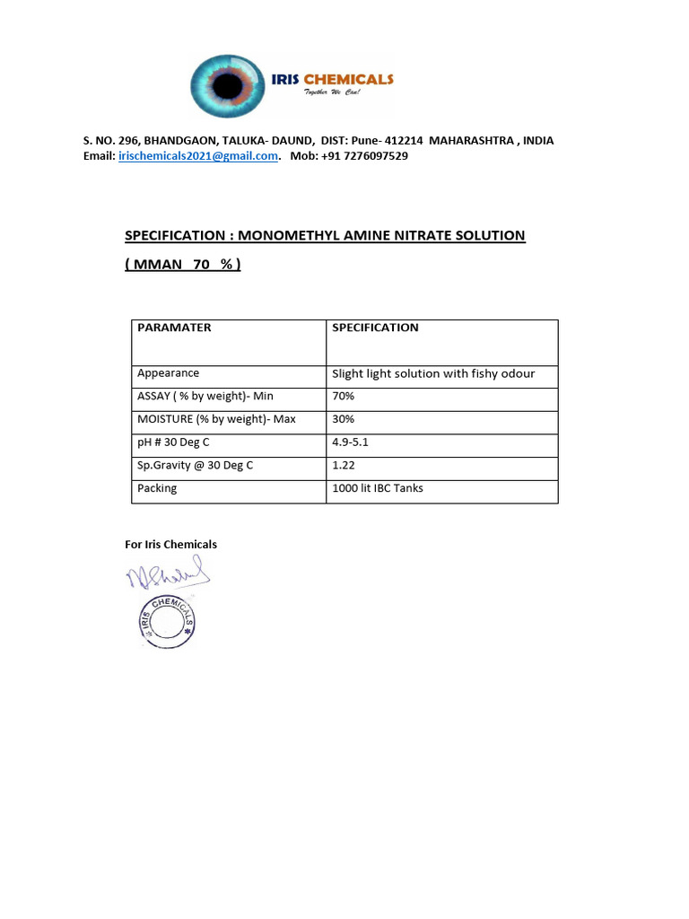 Monomethyl Amine Nitrate Specifications | PDF