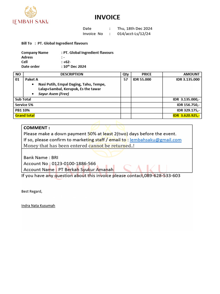 Invoice for PT. Global Ingredients Flavours | PDF