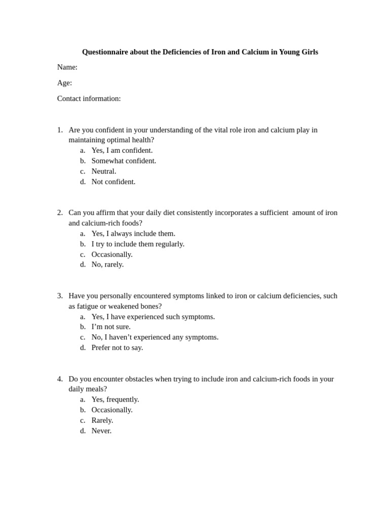 A Questionnaire | PDF | Diet (Nutrition) | Diet & Nutrition