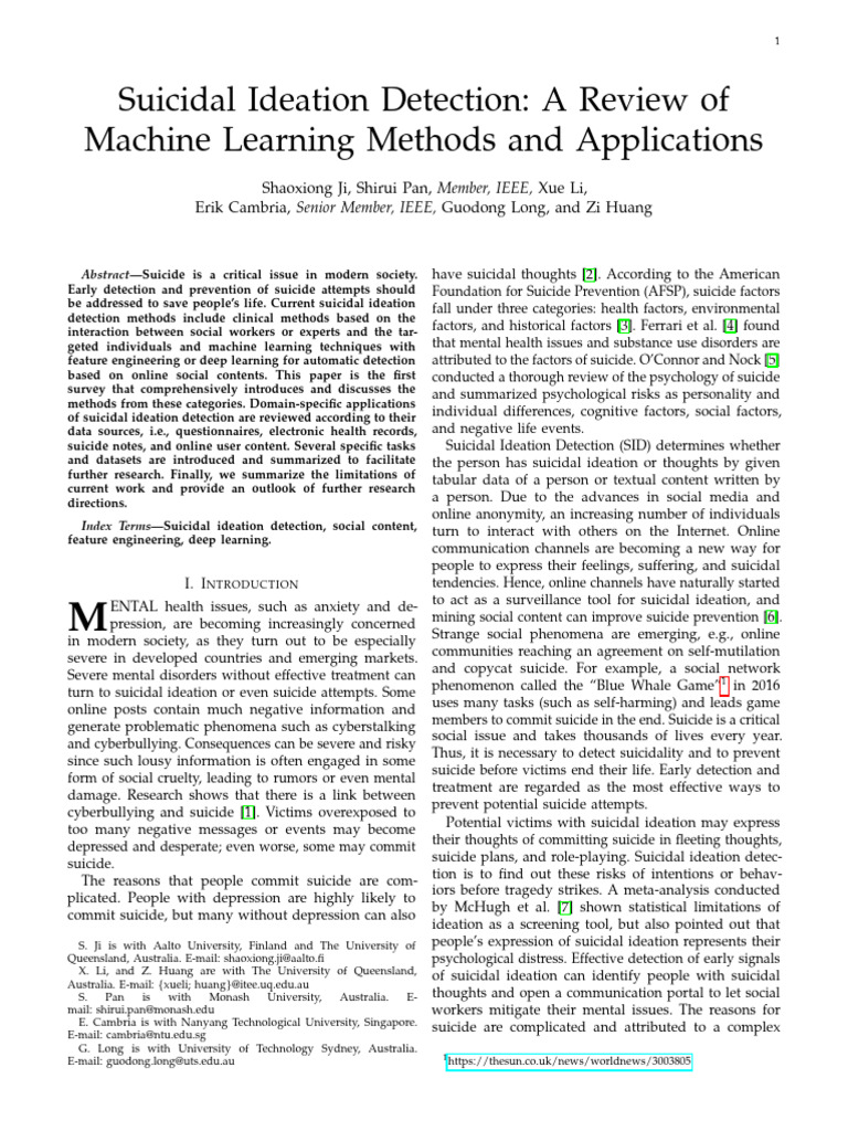 Suicidal Ideation Detection: A Review of Machine Learning Methods and ...