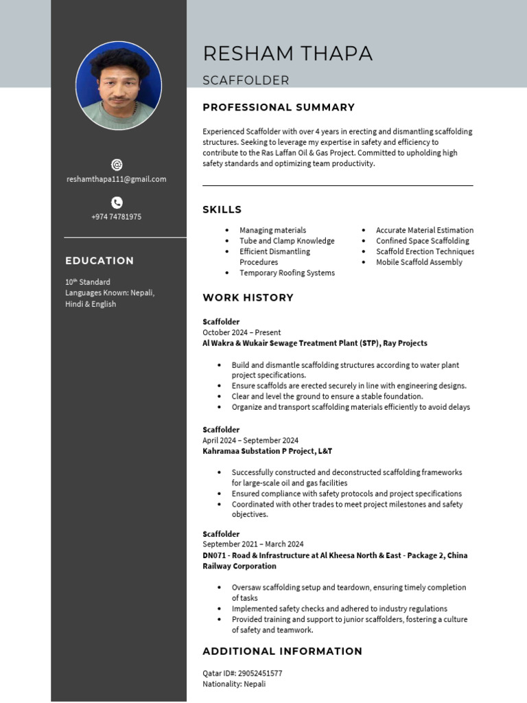 Resham Thapa: Experienced Scaffolder | PDF | Scaffolding