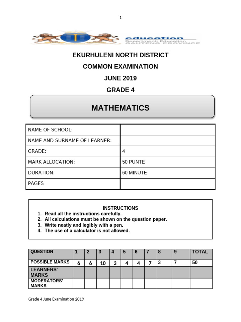 Grade 4 June Mathematics Exam 2019 | PDF | Mathematics