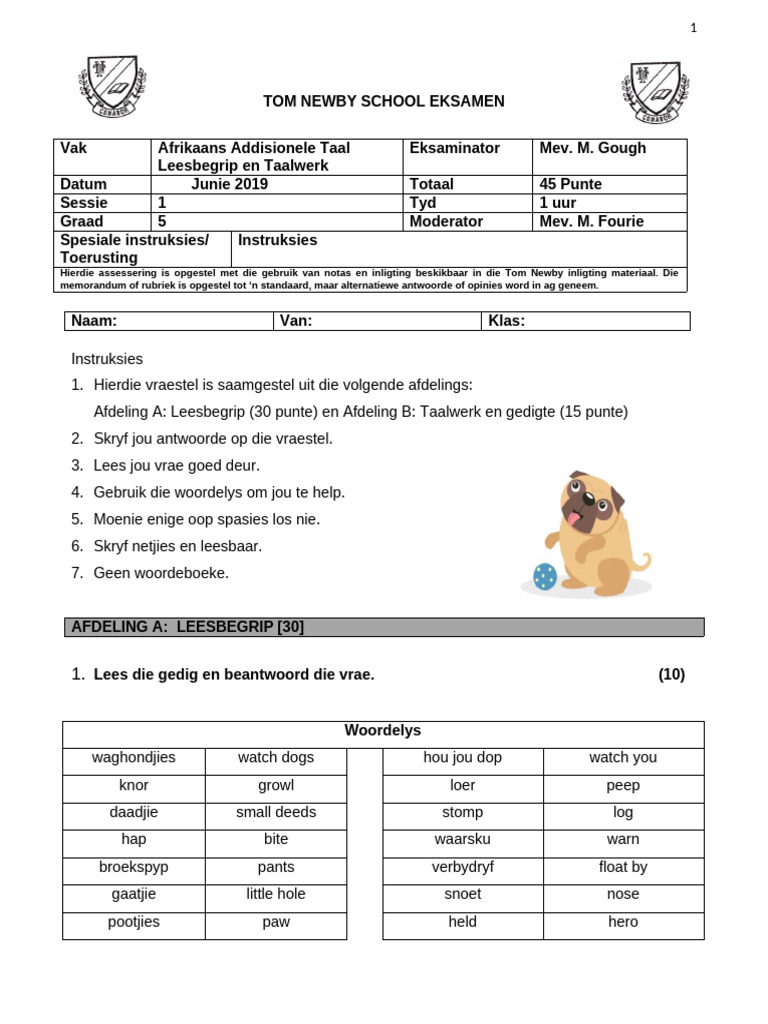 Grade 5 Afrikaans Exam June 2019 GDE Approved | PDF