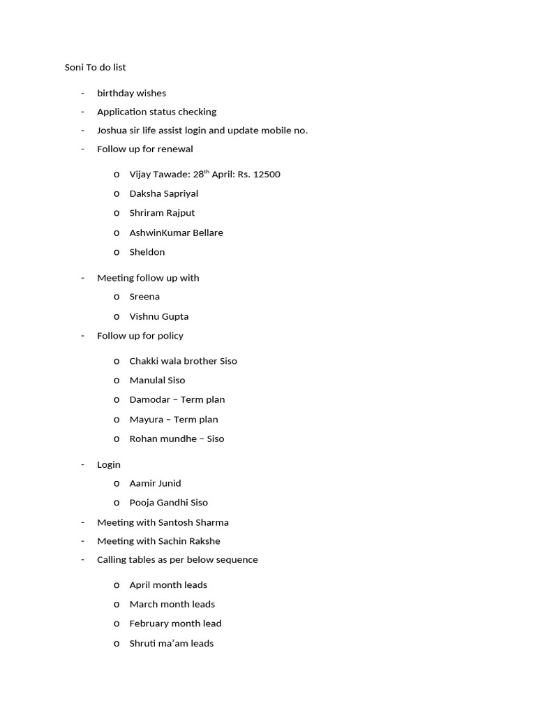 Soni's Task List and Follow-ups | PDF