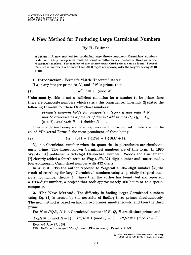 A New Method For Producing Large Carmichael Numbers: by H. Dubner | PDF ...