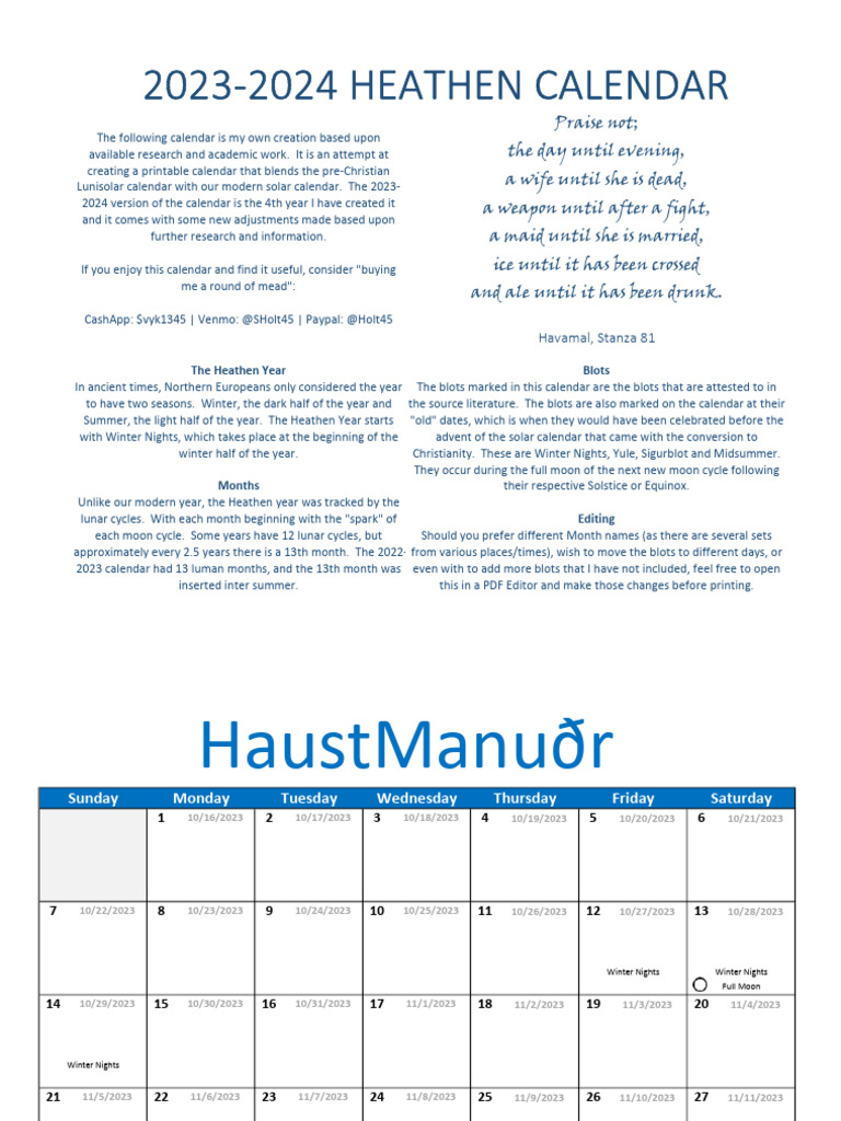 2023-2024 Heathen Lunisolar Calendar | PDF | Calendar
