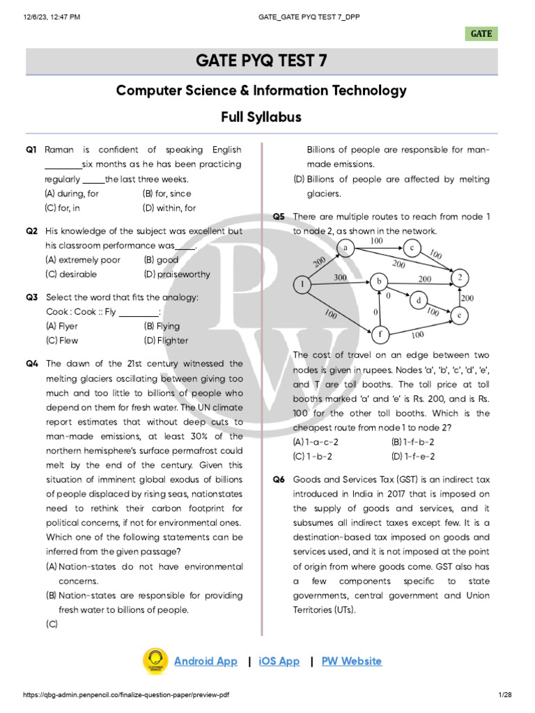 Gate Pyq Test 07 - 2020 - With Solution | PDF | Internet Protocols ...