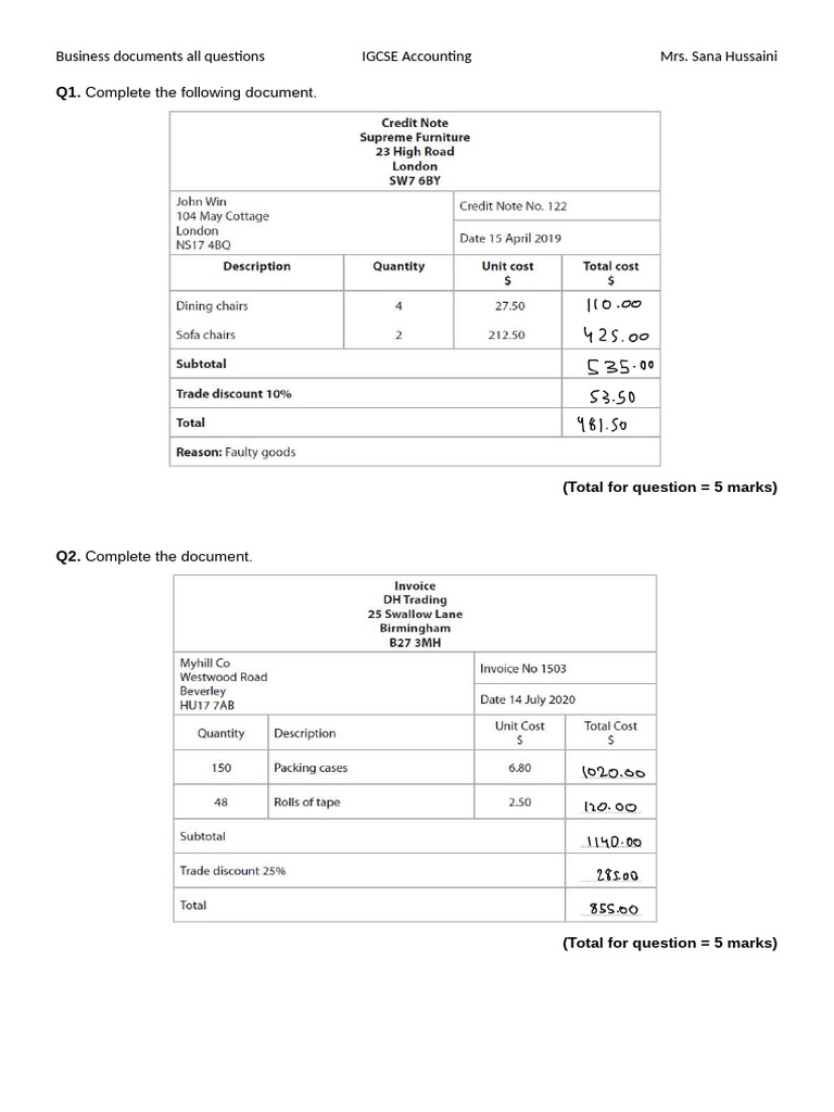 Business Document Practics Qs | PDF | Invoice | Debits And Credits