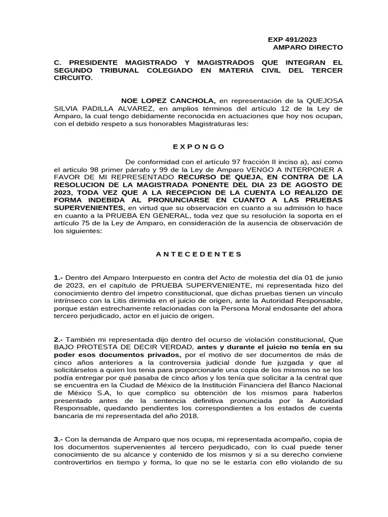 Recurso de Queja en Amparo Directo 2023 | PDF | Caso de ley | Sentencia ...