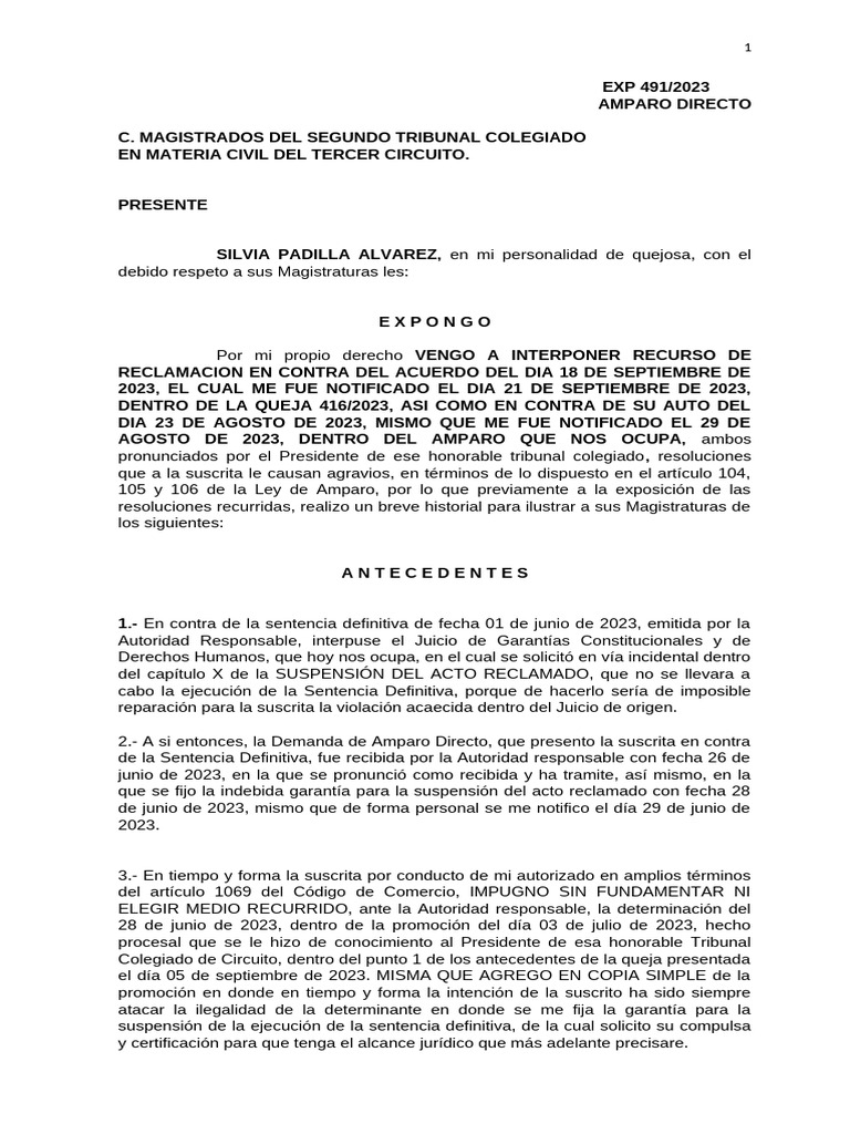 Recurso de Reclamación Amparo Directo | PDF | Caso de ley | Jurisdicción