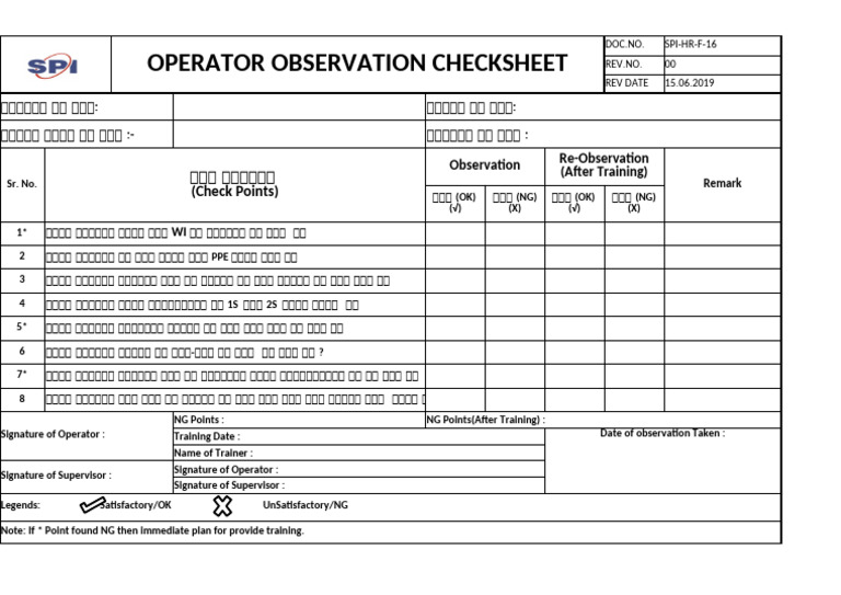 (SPI-HR-F-16A) Operator Observation Checksheet | PDF