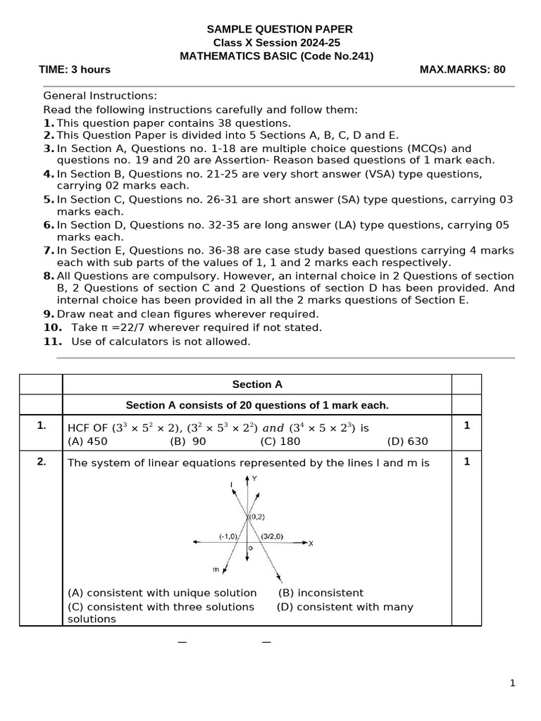 Class X Mathematics Question Paper 2024-25 | PDF | Circle | Euclidean ...