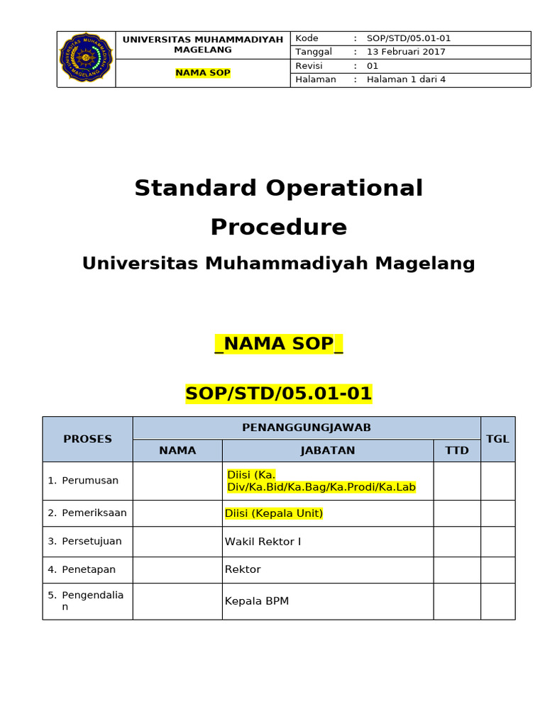 Contoh Form Template Penyusunan SOP | PDF