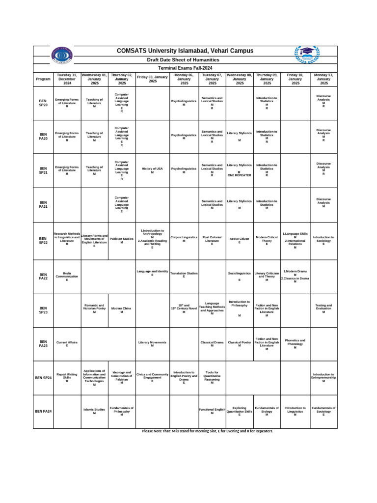 COMSATS Humanities Exam Schedule 2024 | PDF | Linguistics | Human ...