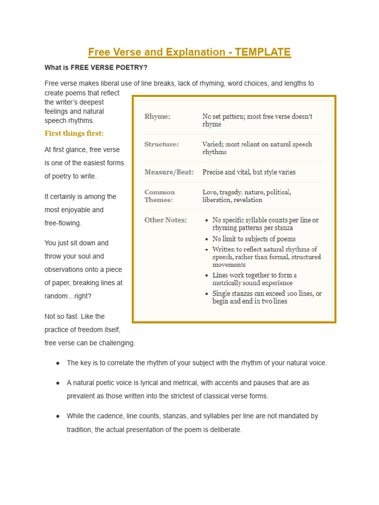 Free Verse and Explanation - TEMPLATE 4 | PDF | Poetry | Rhythm