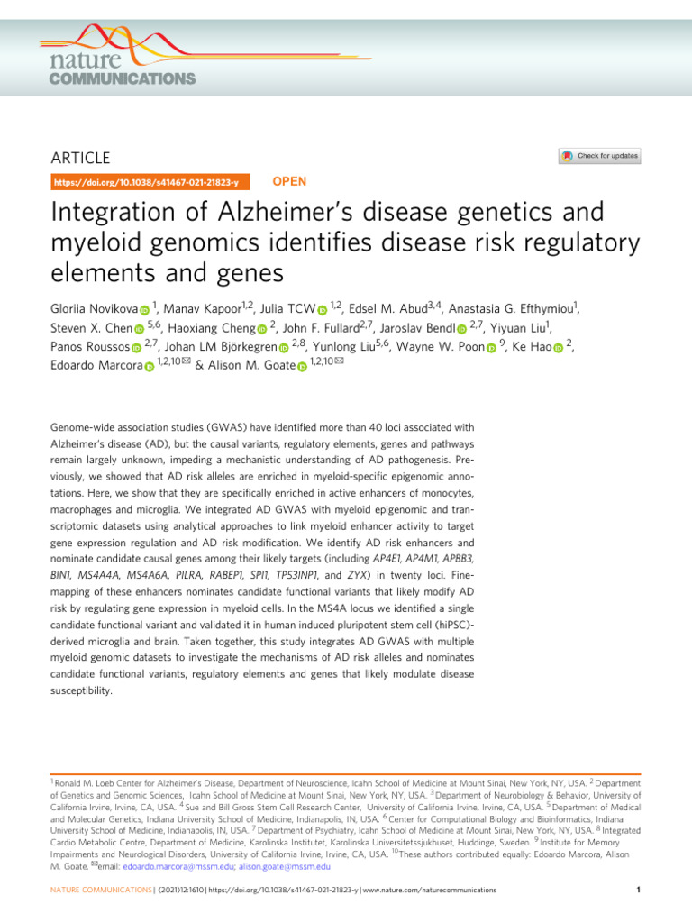Integration of Alzheimer's Disease Genetics and Myeloid Genomics ...