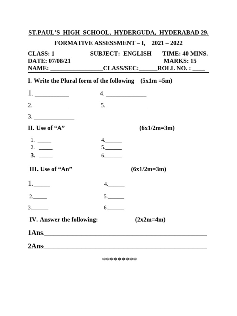 Class 1 English Formative Assessment | PDF