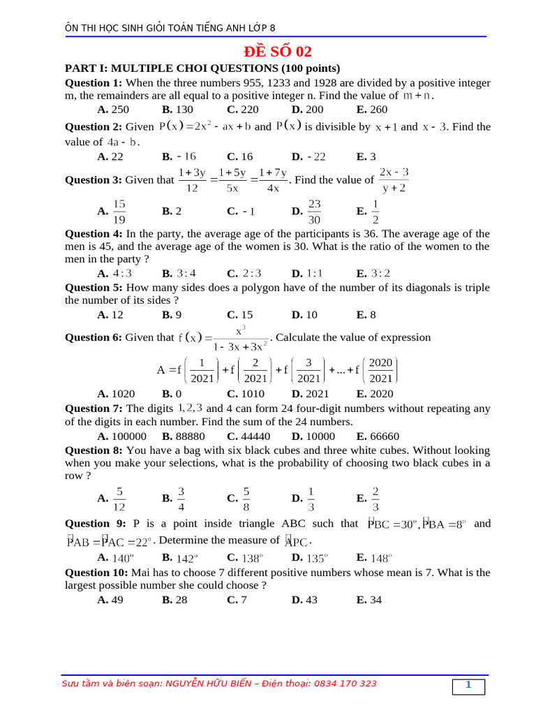 Toan TA8 de 2 | PDF