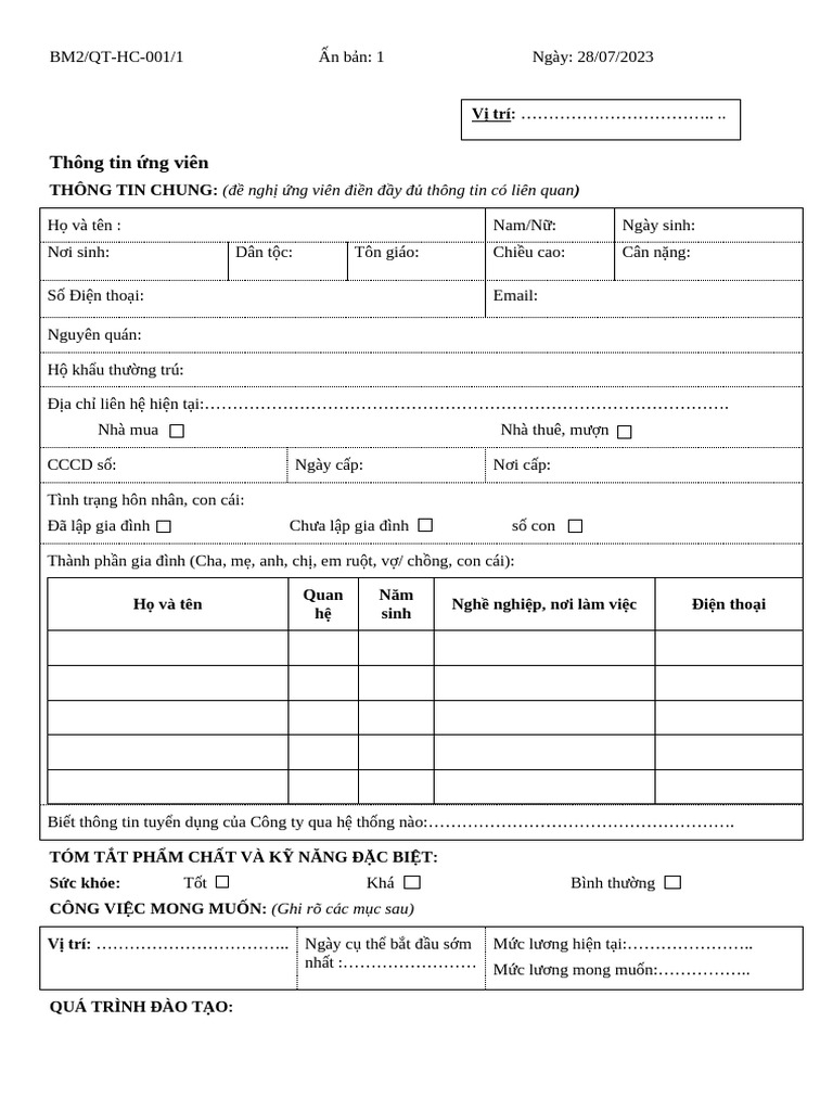 01 PHIẾU ĐIỀN THÔNG TIN ỨNG VIÊN | PDF