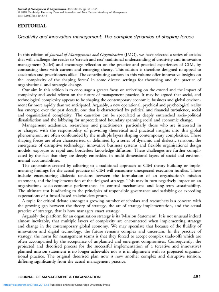 Creativity and innovation management the complex dynamics of shaping