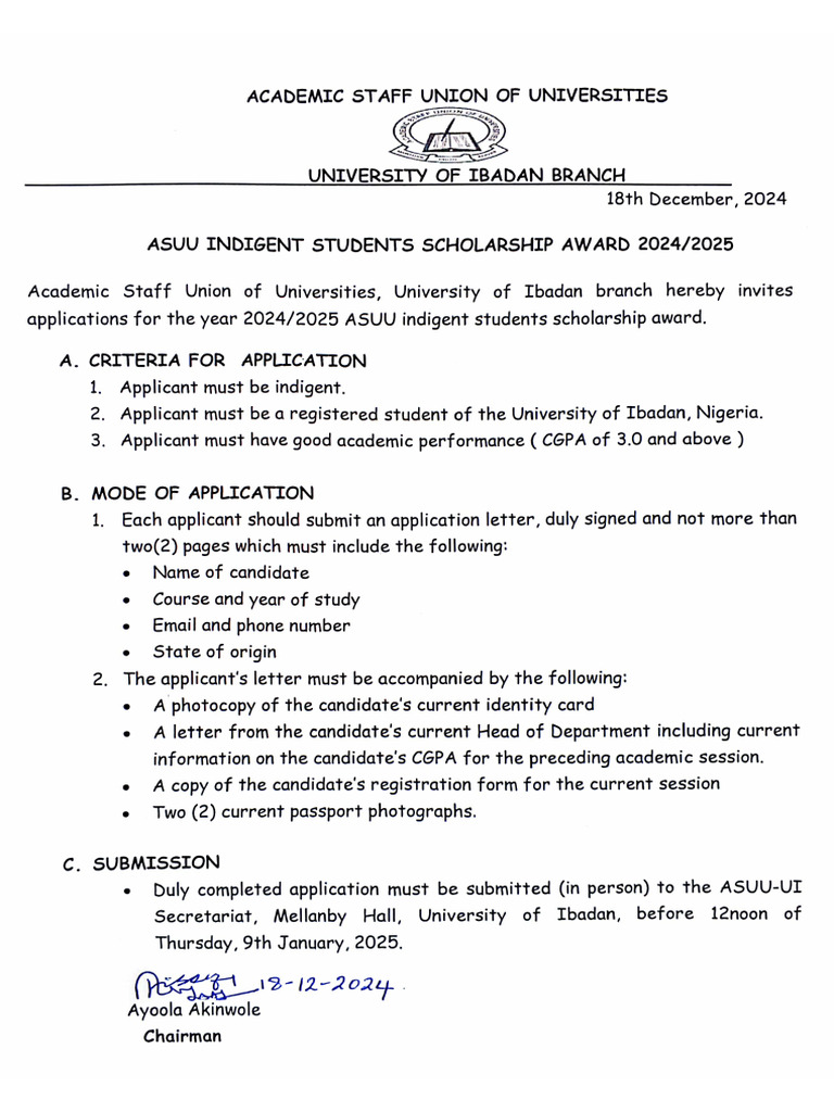 2024 Asuu-Ui Indigent Students Scholarships Application | PDF