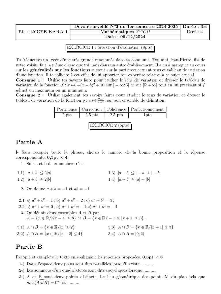 Devoir surveillé Maths 2ndeCD - Semestre 1 | PDF | Mathématiques ...