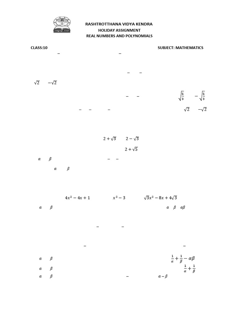 Class 10 Mathematics Holiday Assignment | PDF | Polynomial | Numbers