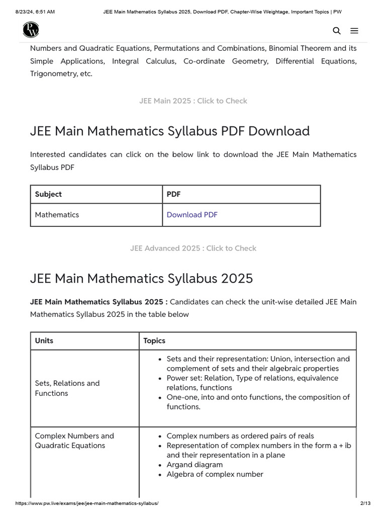 JEE Main 2025 Mathematics Syllabus Overview | PDF | Circle | Line ...