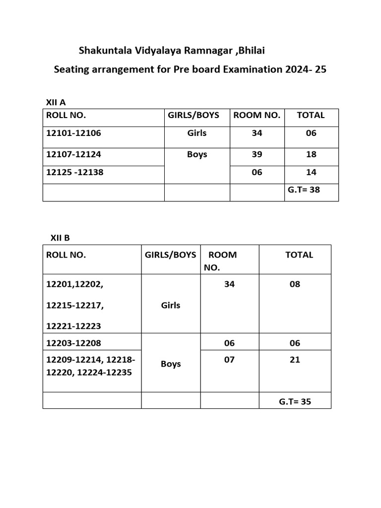 Pre-Board Exam Seating Arrangement 2024 | PDF