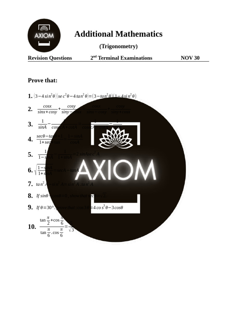 Additional Mathematics REVISION QUESTIONS | PDF