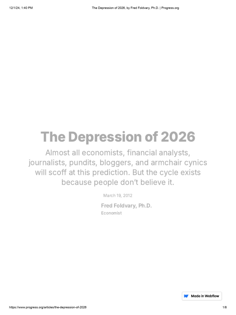 The Depression Of 2026 By Fred Foldvary Ph D PDF Taxes Recession 1