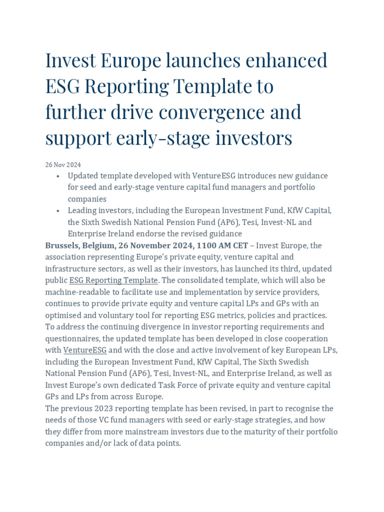 Invest Europe Enhances ESG Reporting Template | PDF | Venture Capital ...