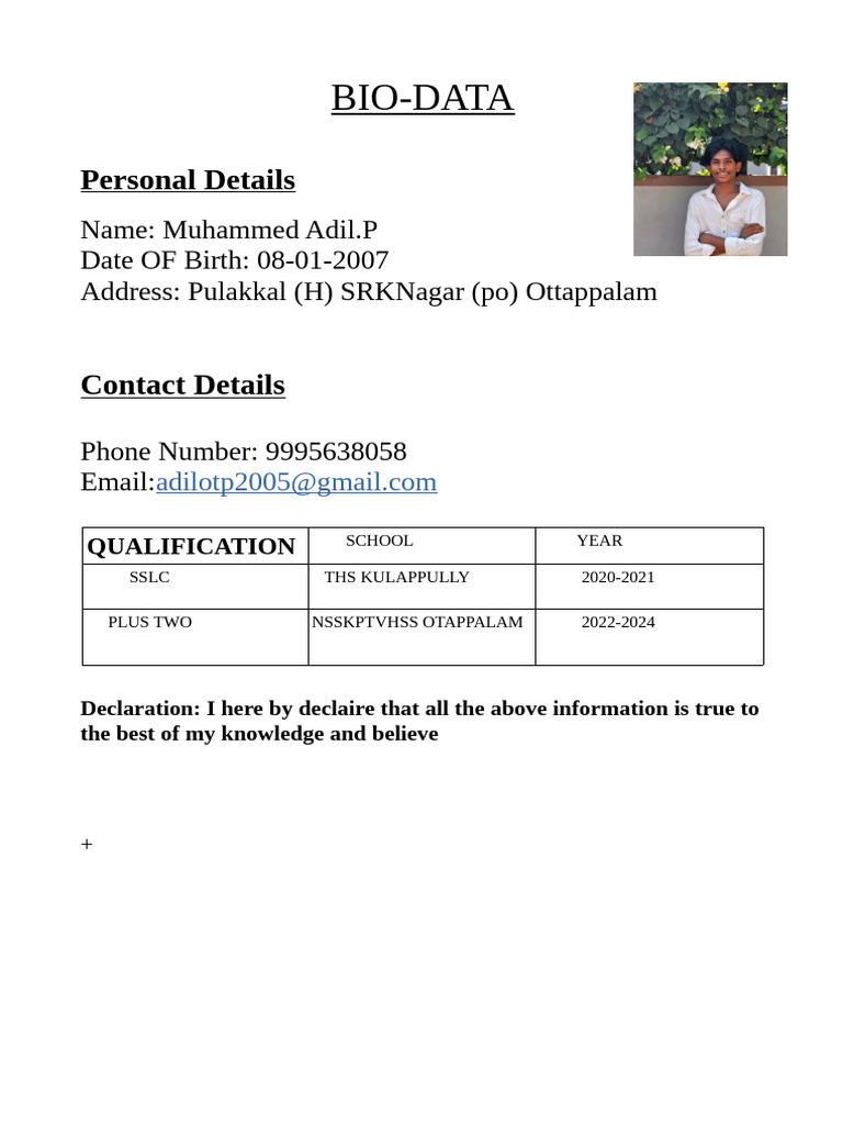 Muhammed Adil's Bio-Data Summary | PDF
