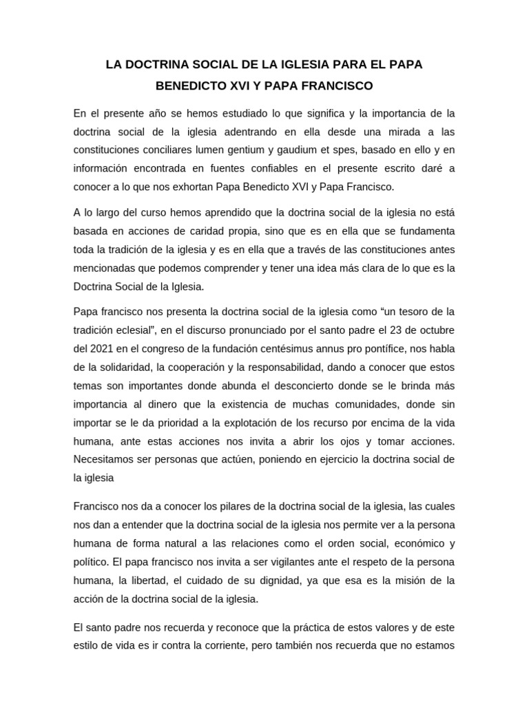 La Doctrina Social de La Iglesia para El Papa Benedicto Xvi y Papa ...